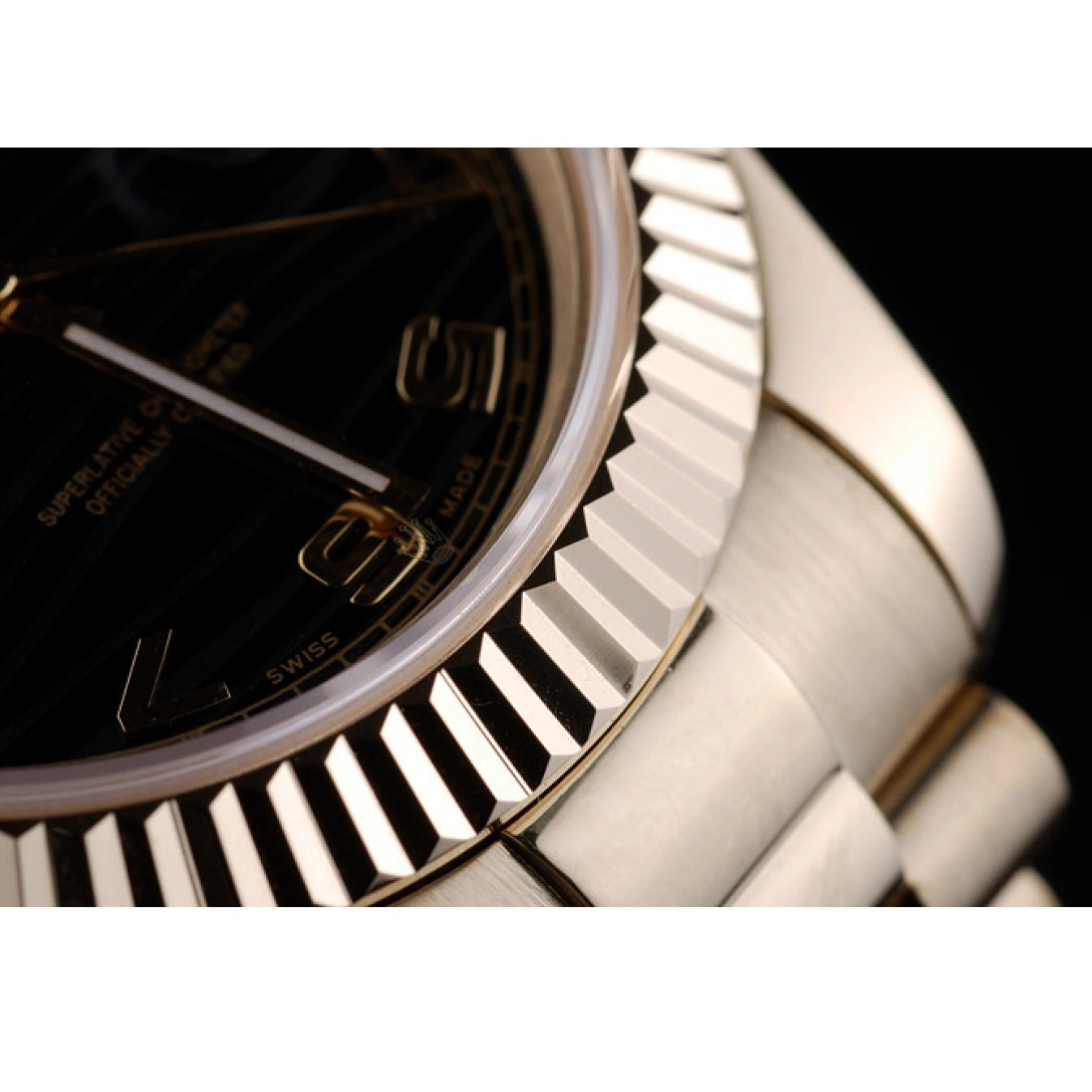 Aaa replica watch DayDate Rolex 41998 Gold Dial Steel Stainless Bezel Black Ribbed Swiss 1029